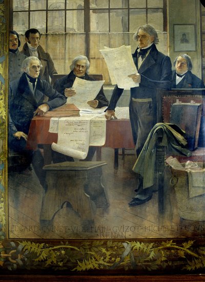 Forfattere i det 19. århundrede: Edgar Quinet, Abel François Villemain, François Guizot, Jules Michelet, Victor Cousin, Ernest Renan - monteret lærred af François Flameng (1856-1923), Sorbonne Universitet, Paris af Francois Flameng