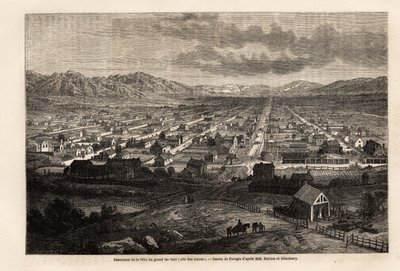 Panorama af byen med den store beskidte sø, citeret de hellige (Utah), tegning af Ferogio, for at illustrere Richard Burtons rejse til byen Saints, hovedstaden i Mormonernes land, i 1860. Indgravering i "" Le tour du monde ””, redigeret af Edouard Charto af Francois Fortune Antoine (after) Ferogio