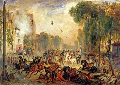 Attentatforsøg på kong Louis-Philippe (1773-1850) af Giuseppe Fieschi (1790-1836) Boulevard du Temple, 28. juli 1835 (olie på lærred) af Francois Gabriel Guillaume Lepaulle