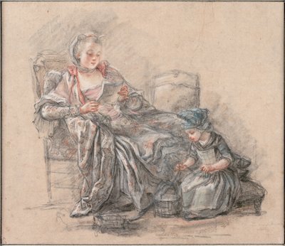 Kvinde, der læser og en pige, der spiller Marquise de Pompadour med sin datter Alexandrine, ca 1748 af Francois Guérin