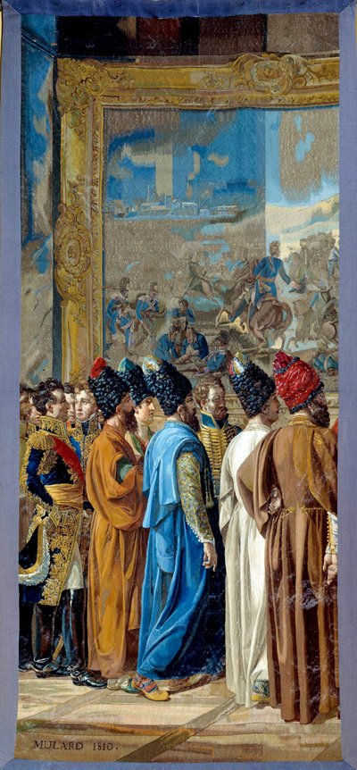 Napoleon I (1769-1821) modtog på slottet Finkenstein i Polen, ambassadør for Shahen af Persien Georges Outrey, Frankrigs vicekonsul i Bagdad, præsenterer Mohammed Mirza Reza. Tapet lavet af Gobelins værksted af Francois Henri Mulard af Francois Henri Mulard