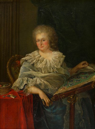 Portræt af Viscountesse Torrington siddende ved hendes broderi, ca. 1747-75 (olie på panel) af Francois Hubert (follower of) Drouais