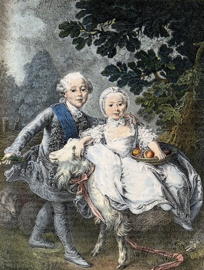 Greven af Artois barn (fremtidig kong Karl X) (1757-1836) og hans søster Marie Clotilde Xavière (fremtidig dronning af Sardinien) (1759-1802) - repræsenteret i 1764. Indgravering 1800-tallet efter maleriet af François Hubert Drouais. af Francois Hubert (manner of) Drouais