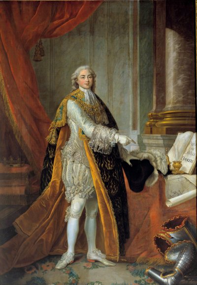 Portræt for foden af Louis Stanislas Xavier af Frankrig (fremtidig Ludvig XVIII), greve af Provence (1755-1824) i stor kjole af Helligåndsordenen (Helligåndens Orden) og præsenterer privilegierne for byen Angers" ”””” Maleri af Francois af Francois Hubert Drouais