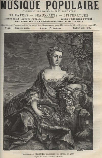 Portræt af Marie Pelissier (eller Pellissier) (1707-1749), fransk operasangerinde - gravering efter maleriet Hubert Drouais - gravering i "" La musique populaire""" illustreret ugeavis - 1882 af Francois Hubert Drouais