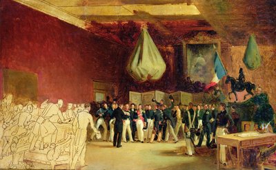 Deputeretkammeret præsenterer for hertugen af Orleans, Louis Philippe I (1773-1850), handlingen, der kalder ham til tronen og charteret af 1830, på det kongelige palads, den 7. august 1830 af François Joseph Heim
