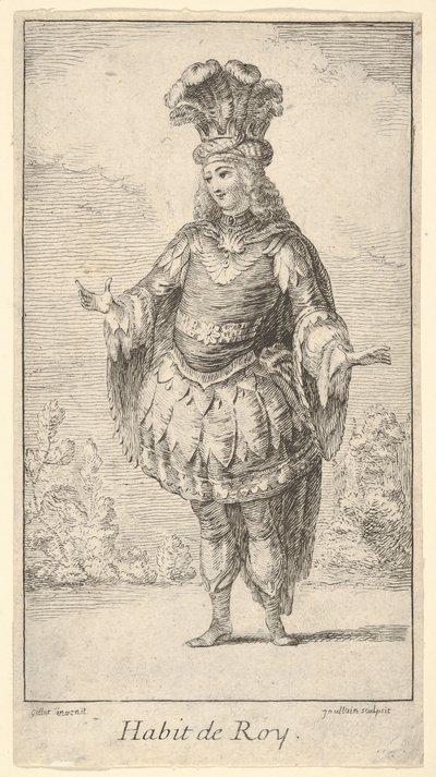 Habit de Roy: en mand iført en tonnelet dekoreret med rosetter, en krone og en turban med..., ca. 1721. af Francois Joullain
