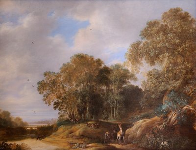 Landskab med hjorte (olie på egetræspanel) af Francois Knibbergen