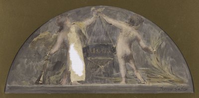Skitse til spisestuen i Hôtel de Ville de Paris, det ene barn holder en trompet og det andet en kappe, der løfter en stor kasse af Francois Lafon
