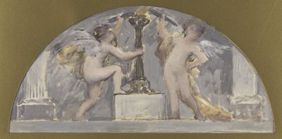 Skitse til spisesalen på Hôtel de Ville, to elskende, der hver holder en fakkel nær en tændt fakkel, ca. 1893 (olie) af Francois Lafon