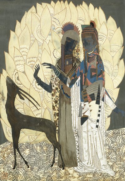 To stiliserede kvinder med en antilope blandt løv, ca. 1928 (lak og coquille d
