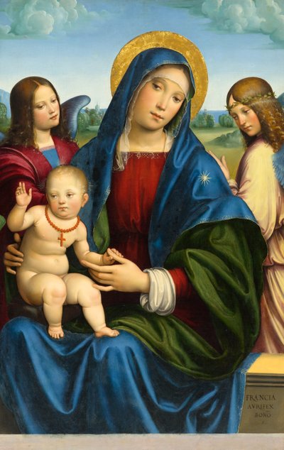 Madonna og barn med to engle, ca. 1495-1500 af Francois Louis Thomas Francia