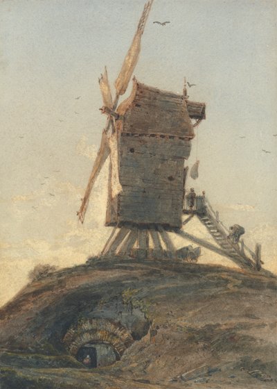 Vindmølle på en knold i et landskab af Francois Louis Thomas Francia
