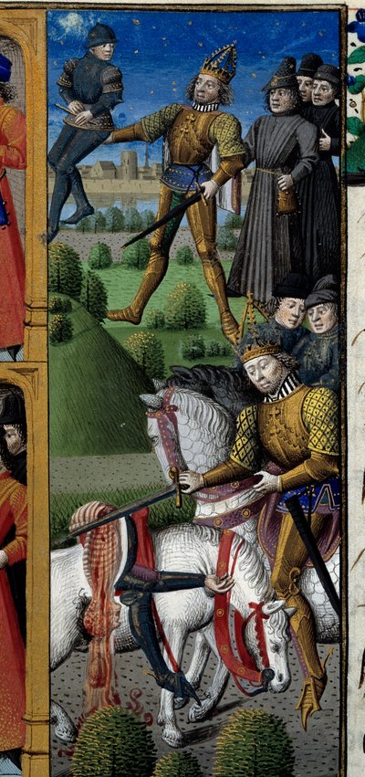 Scener fra Karl den Stores liv (742-814) Frankernes konge: kampscene. Abe. Miniature taget fra manuskriptet "Speculum historiale"" (Le Mirror historial) af Vincent de Beauvais (1184/94-1264) oplyst af Mester Francois (15. århundrede) af Maître François