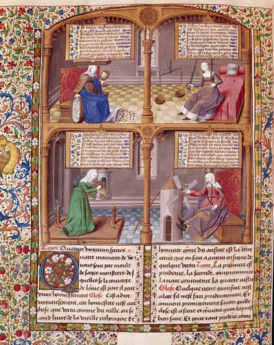 De fire kardinalvirus: forsigtighed, styrke, kontinens og retfærdighed. Side taget fra et manuskript af Seneque (Lucius Annaeus Seneca, 4 f.Kr.-65 e.Kr. JC), filosof fra den stoiciske skole, dramatiker og en romersk statsmand oplyst af mesteren Francois. af Maître François