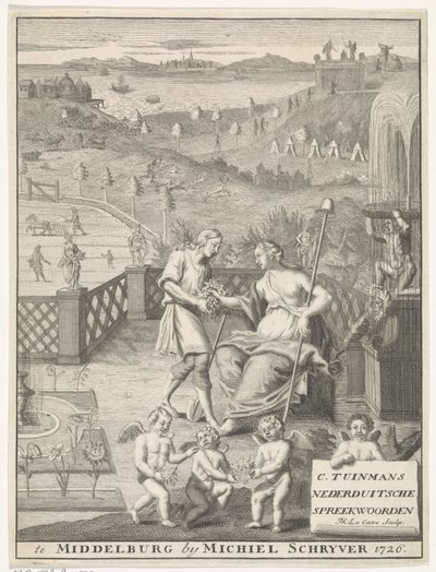 Hollandsk jomfru modtager blomster fra en gartner Titelblad for: Carolus Tuinman, Oprindelsen og fortolkningen af ​​(...) Nederduitsche ordsprog, 1726. af Francois Morellon la Cave