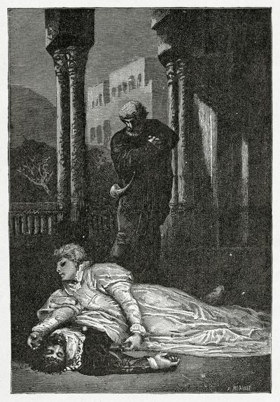 Dona Sol dør på Hernanis lig, 1800-tallet (bw-gravering) af Francois Nicolas Chifflart
