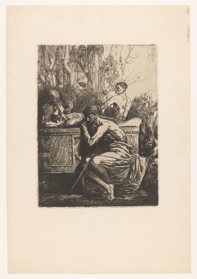 Klassisk forestilling med mænd omkring en sarkofag Homme devant un tombeau antique Improvisations sur cuivre (serietitel) af Francois Nicolas Chifflart