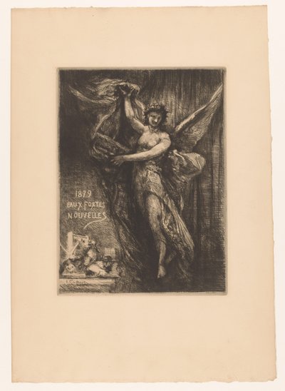 Titelprent sætter engel i drukpers 1879 Nye raderinger (titel på objekt) af Francois Nicolas Chifflart