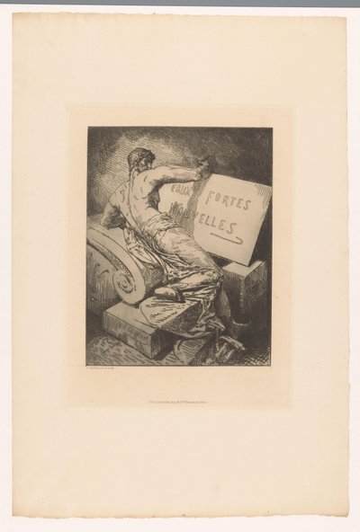 Titeltryk med mand på sten monument Eaux Fortes Nouvelles (titel på objekt) Raderinger af forskellige trykkerier fra 1877 (serietitel) L