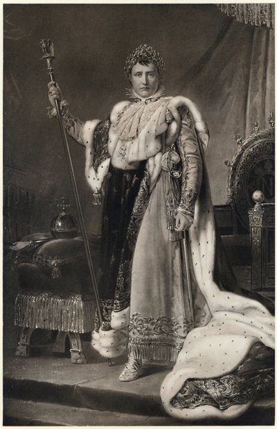 Napoleon Bonaparte klædt i sine kejserlige gevandter (litografi) af Francois Pascal Simon (after) Gerard