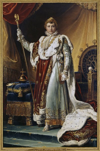 Portræt af kejser Napoleon I Bonaparte (1769-1821) i kroningsdragt. (Portræt af kejser Napoleon I Bonaparte i hans kroningsklæder). Maleri af Francois Pascal Simon, baron Gerard (1770-1837), olie på lærred, ca. 1804. Fransk kunst af Baron François Pascal Simon Gérard