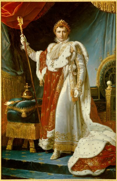 Portræt i foden af Napoleon I i hellig dragt (1769-1821) Kejser af det franske maleri af Francois Gerard (1770-1837). 1805. Dim. 2,23 x 1,43 m. Versailles, musee du Chateau - Fuld længde portræt af Napoleon I i kroningsdragter (1769-1821) kejser af Baron François Pascal Simon Gérard