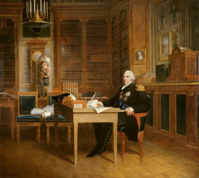Portræt af Ludvig XVIII (1755-1824) har sit kontor i Tuilerierne og mediterer over Chartermaleriet af Francois Gerard (1770-1837) efter Marigny. 19. århundrede. Svag. 2,7x3,1 m. - Portræt af Ludvig XVIII (1755-1824), der mediterer over charteret siddende k af Baron François Pascal Simon Gérard