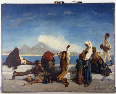 Lazzaroni, karakterer af det napolitanske folk. Udsigt over Napoli-bugten (olie på lærred) af Francois Reynaud