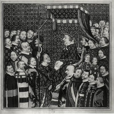 Ludvig II (1337-1410), greve af Clemens, hylder Karl V (1338-80) kopi af en miniature fra det 14. århundrede (akvarel på papir) (s/h foto) af Francois Roger de Gaignieres