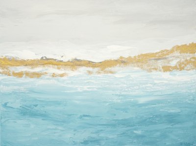 Abstrakt havlandskab i blå og guld af Françoise Wattré