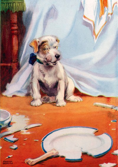Hund med knækket tallerken (farve litho) af Frank Adams