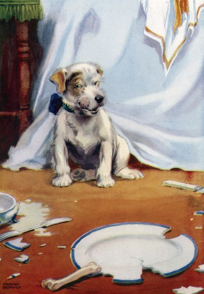 Hund med knækket tallerken af Frank Adams