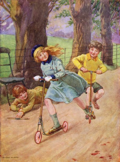 Pige og dreng racerløb på scootere (farve litho) af Frank Adams