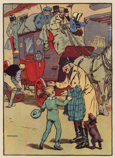 Oldefar kørte i diligence (farvelitografi) af Frank Adams
