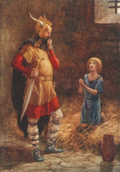 Havelok Begs Mercy of Godard, fra den gamle ballade Havelok the Dane (farve litho) af Frank Adams