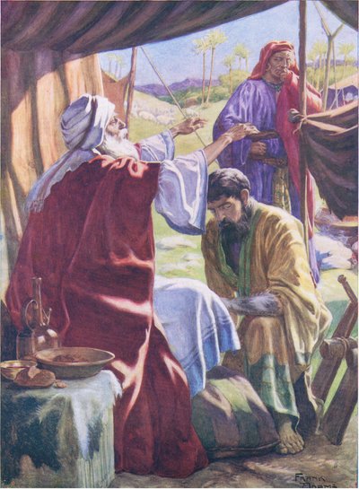 Jakob opnår velsignelsen, fra Bibelens billedbog udgivet af Thomas Nelson, ca. 1950 (farve litho) af Frank Adams