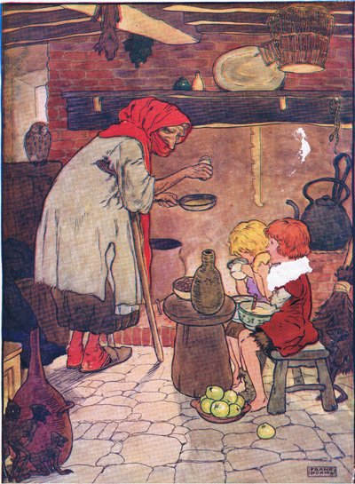 Hun førte dem ind og gav dem en smuk aftensmad fra Hansel and Gretel udgivet af Blackie & Son Limited, ca. 1940 af Frank Adams