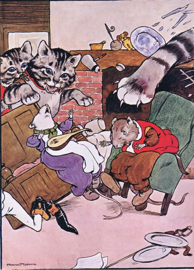 Katten og hendes killinger kom væltende ind, illustration fra "The Frog would a Wooing Go", af Charles H. Bennett, 1916 af Frank Adams