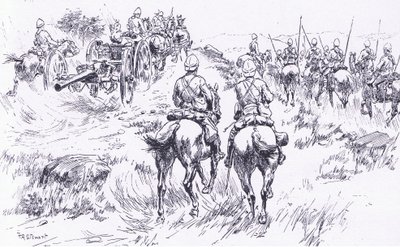 Bullers kavaleri og artilleri rykker frem mod Bergendal, illustration fra After Pretoria: The Guerilla War, 1902 af Frank Algenon Stewart
