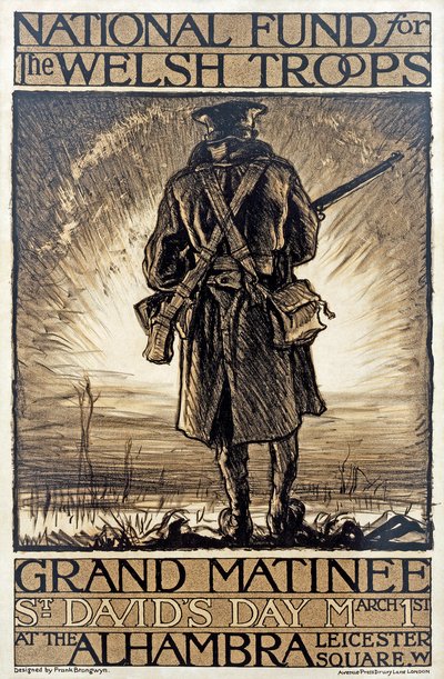 Plakat, der reklamerer for en fundraising-begivenhed for National Fund for the Welsh Troops, 1. marts, 1915, af Frank Brangwyn