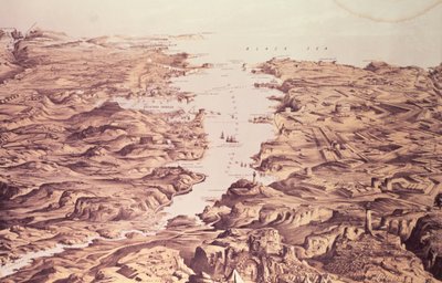 Panoramaudsigt over nord- og sydsiden af havnen og havnen i Sebastopol, designet og litograferet af Thomas Packer, pub. af Stannard og Dixon, 1855 af Frank C. Hughes