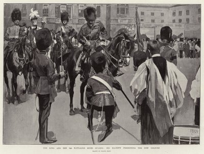 Kongen og 3. bataljon Scots Guards, Hans Majestæt overrækker de nye faner af Frank Craig