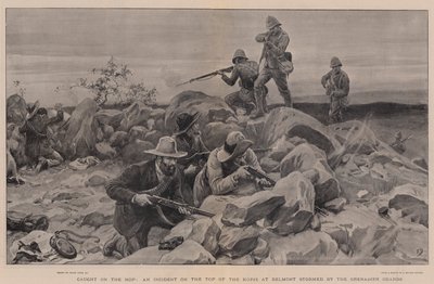 Fanget on the Hop, en hændelse på toppen af Kopje ved Belmont stormet af Grenadier Guards af Frank Dadd
