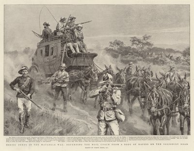 Heltegerninger i Matabele-krigen, forsvaret af postvognen mod en flok kafirer på Salisbury Road af Frank Dadd