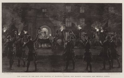 Czarens og Czaritsas ankomst til Balmoral Slot, Hendes Majestæt byder sine kejserlige gæster velkommen af Frank Dadd