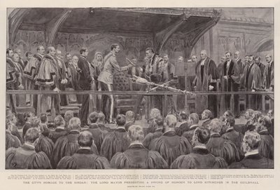 Byens hyldest til sirdaren, hvor overborgmesteren overrakte et æresværd til Lord Kitchener i Guildhall af Frank Dadd