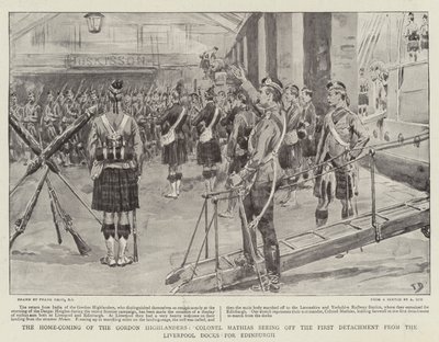 The Home-Coming of the Gordon Highlanders, oberst Mathias ser ud for den første løsrivelse fra Liverpool Docks til Edinburgh af Frank Dadd