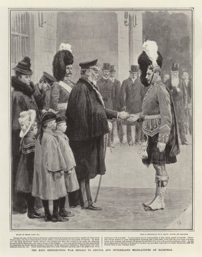 Kongen uddeler krigsmedaljer til Argyll and Sutherland Highlanders på Balmoral af Frank Dadd