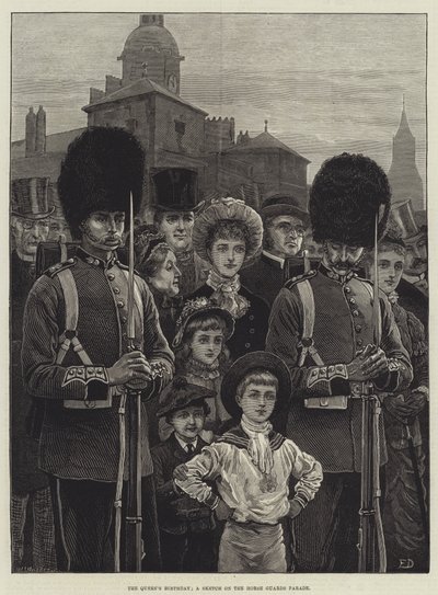Dronningens fødselsdag, en skitse på hestevagtparaden af Frank Dadd